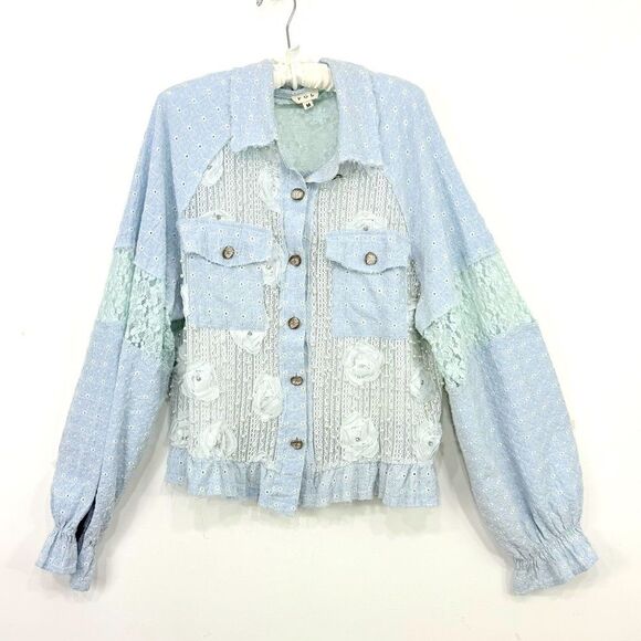 Pol Anthropologie LEAH Blue Eyelet Lace Pearl Flower Embellished Jacket - Picture 7 of 16